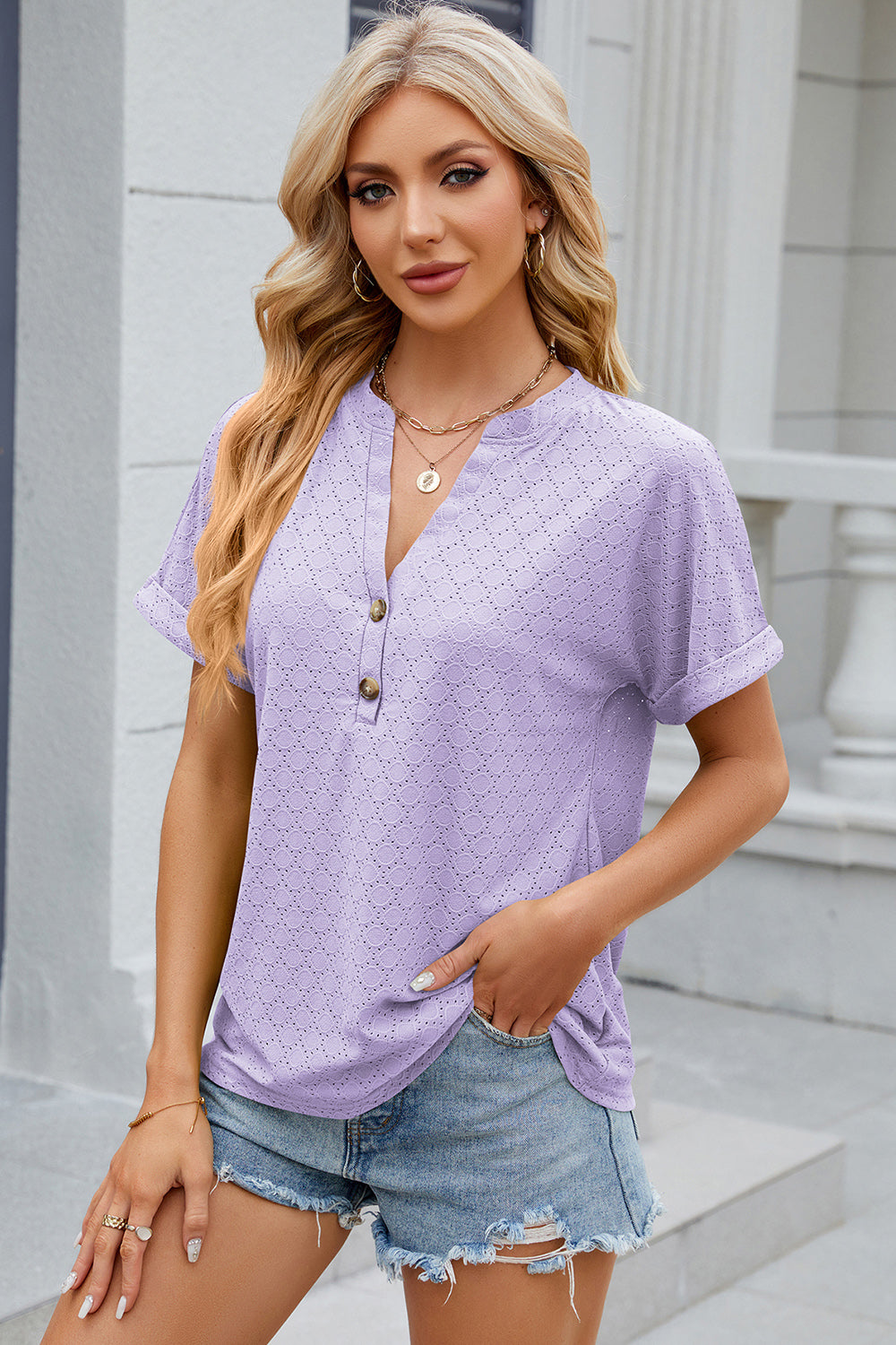 Eyelet Notched Short Sleeve T-Shirt