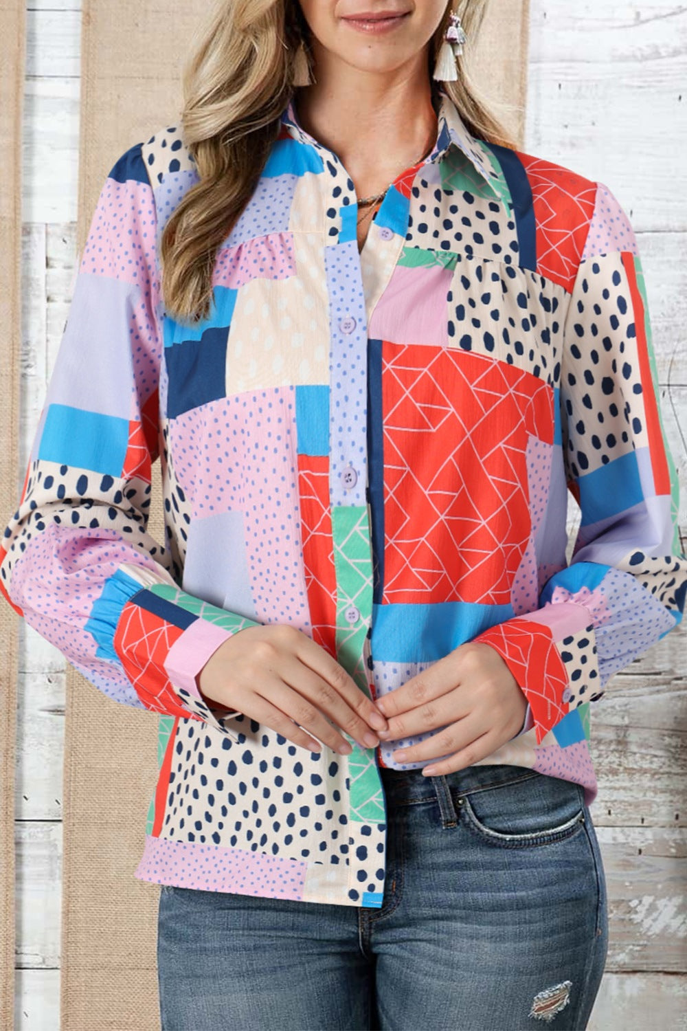 Patchwork Puff Sleeve Collared Shirt