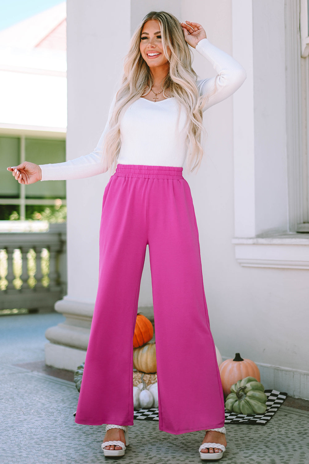 Rose Elastic Waist Pocketed Wide Leg Pants