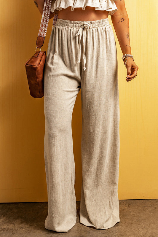 Apricot Lace-up Waist Floor Length Wide Leg Casual Pants