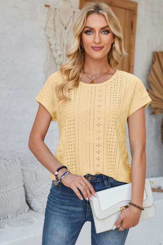 Eyelet Round Neck Rolled Short Sleeve T-Shirt