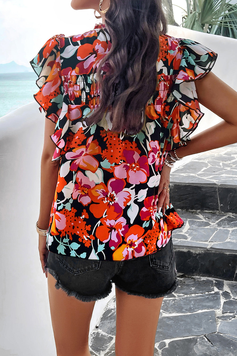 Smocked Printed Mock Neck Cap Sleeve Blouse