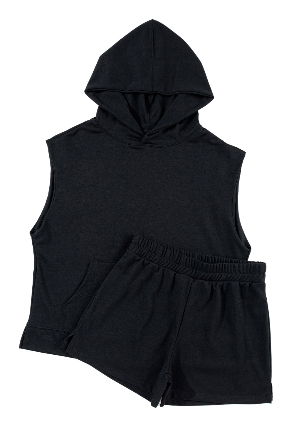 Black Solid Color Sleeveless Hoodie and Shorts Set