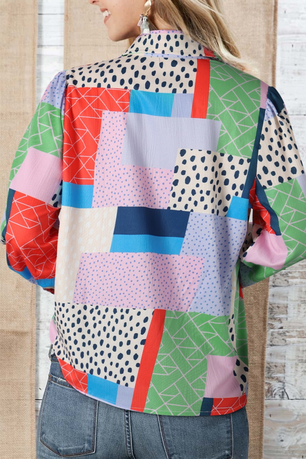 Patchwork Puff Sleeve Collared Shirt