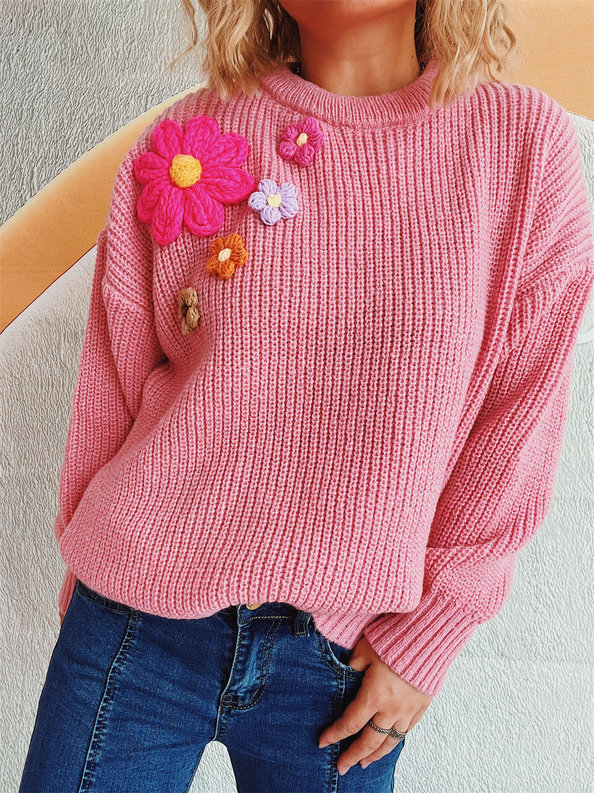 Crochet Flower Round Neck Dropped Shoulder Sweater