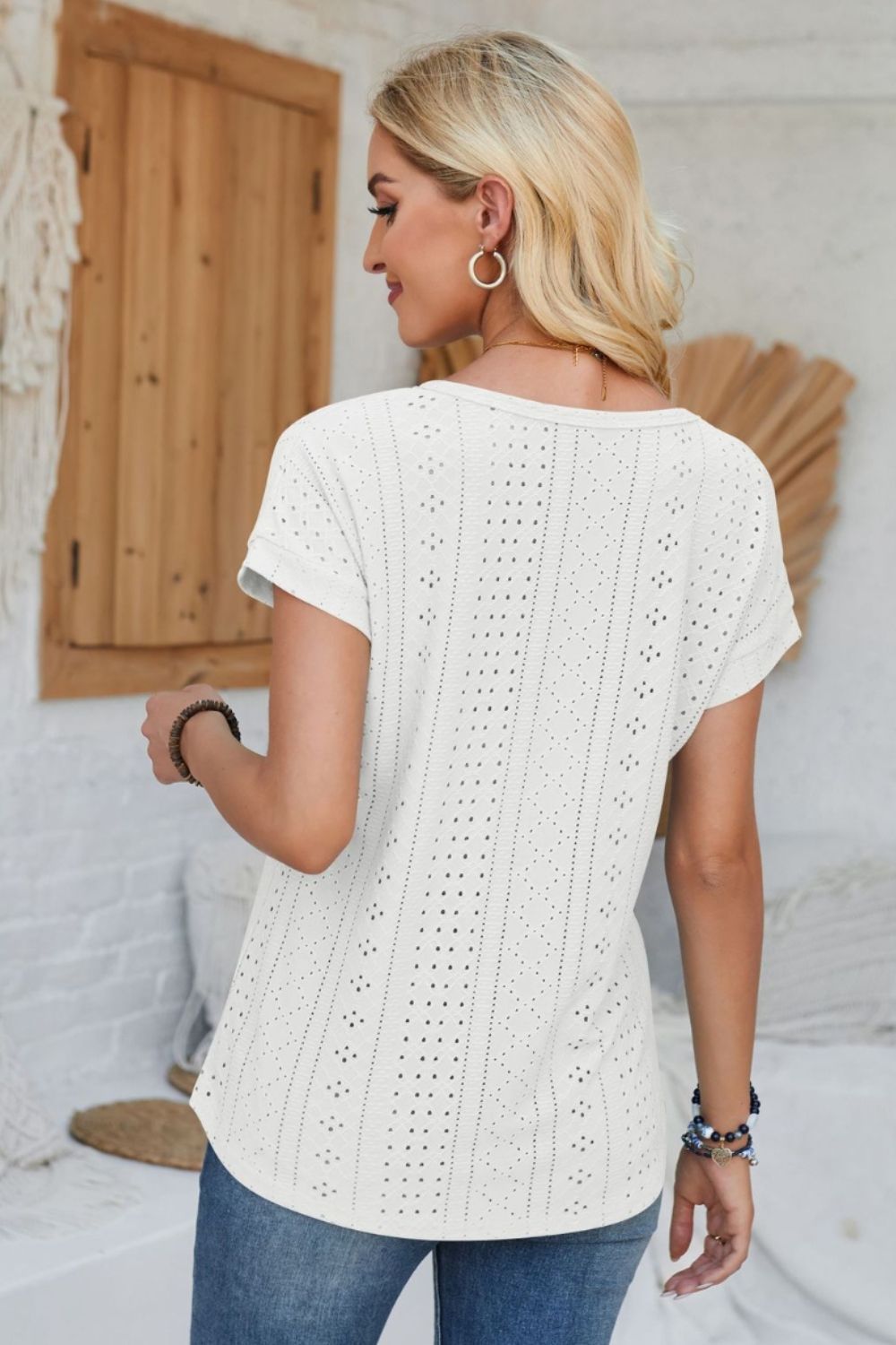 Eyelet Round Neck Rolled Short Sleeve T-Shirt