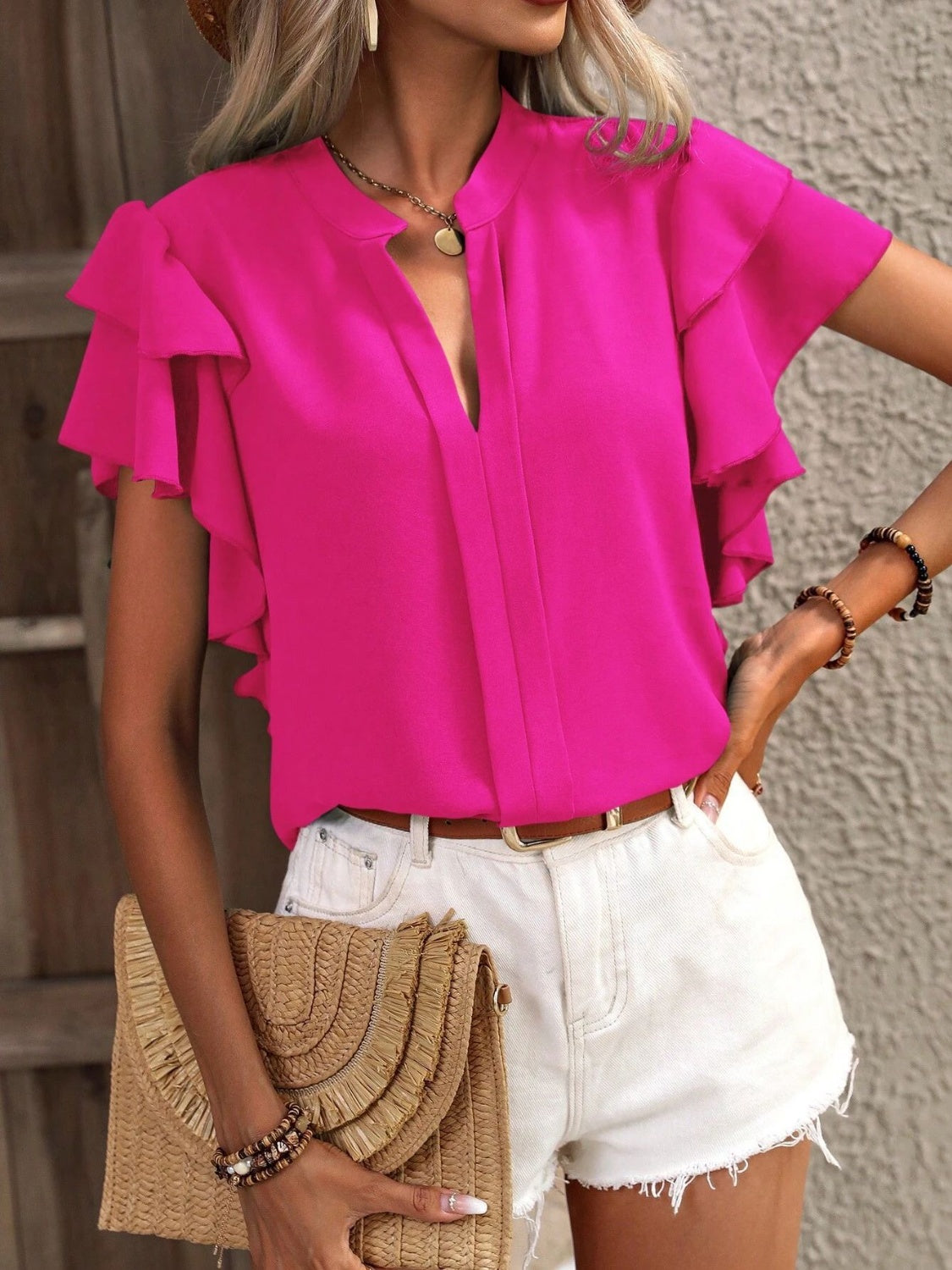 Ruffled Notched Short Sleeve Blouse