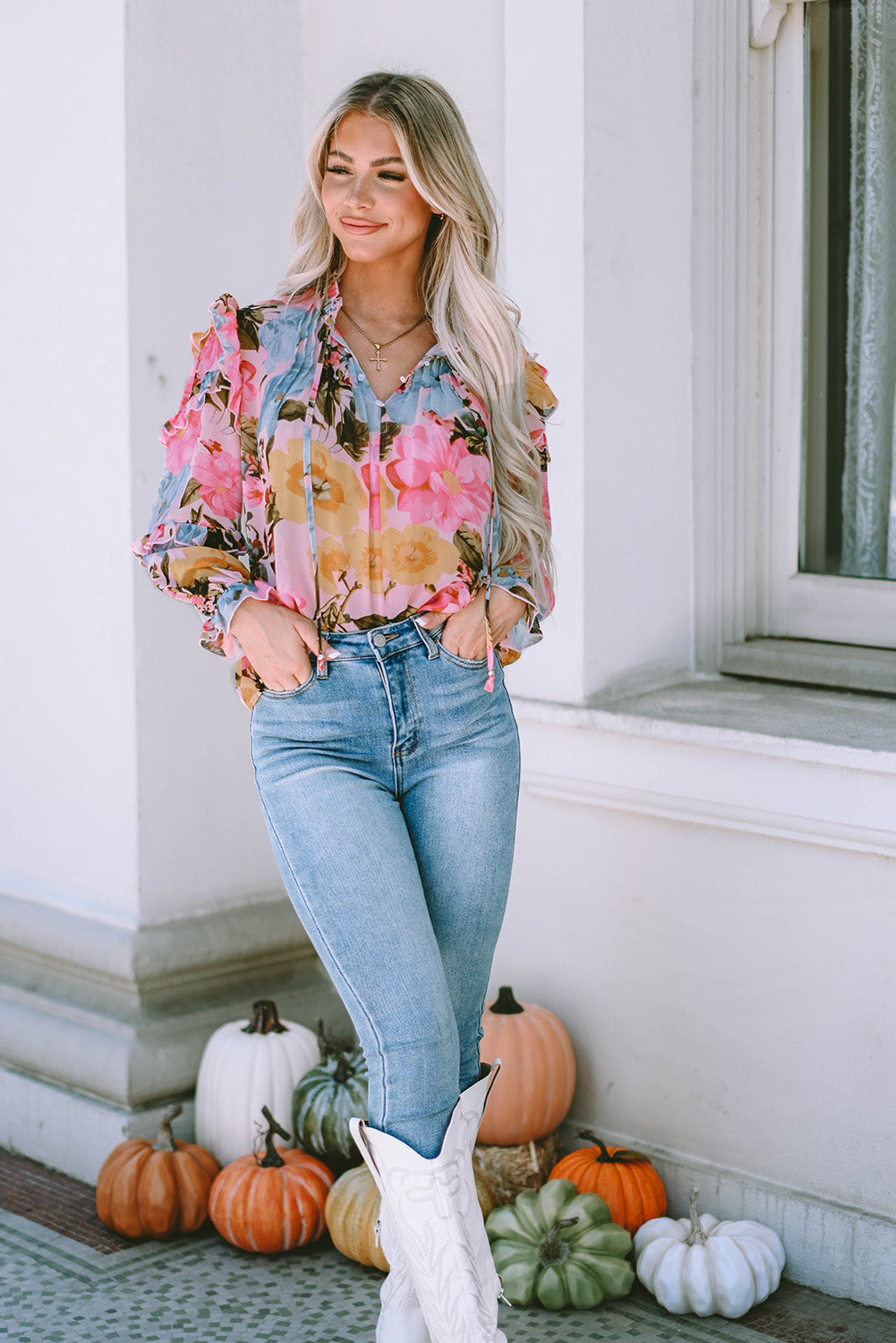 Ruffled Printed Tie Neck Flounce Sleeve Blouse