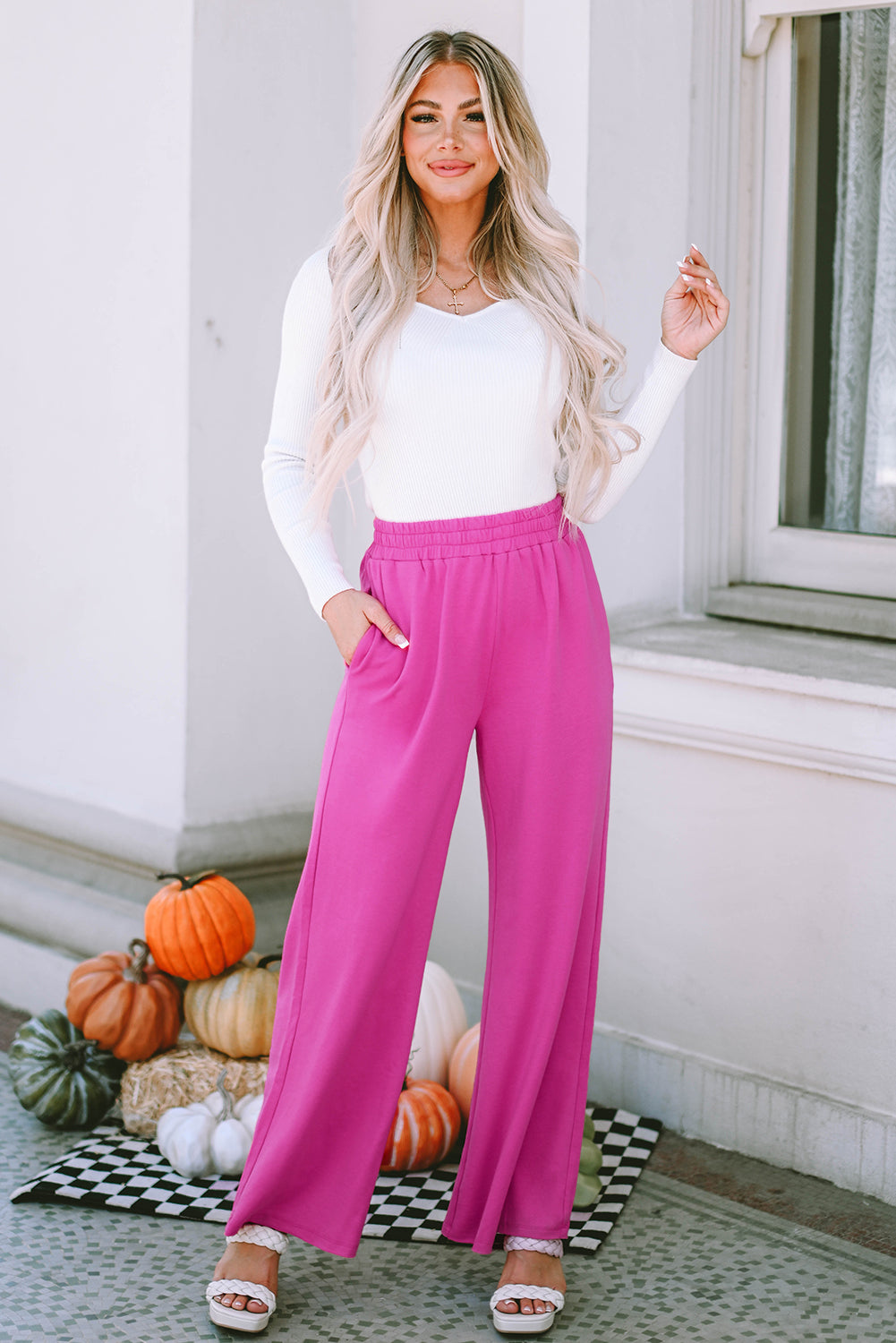 Rose Elastic Waist Pocketed Wide Leg Pants