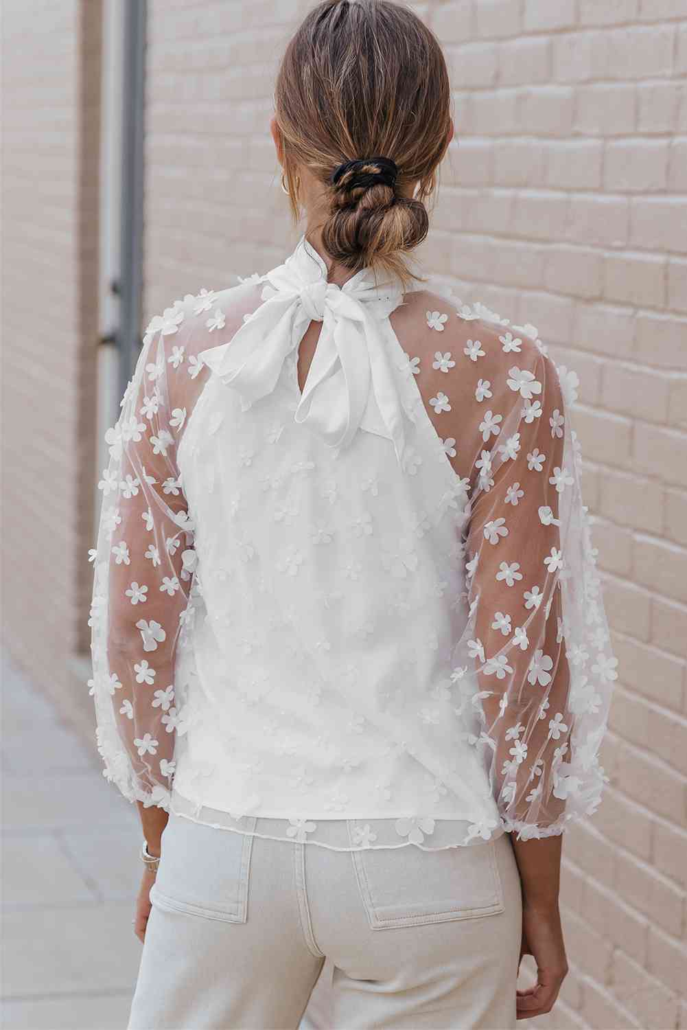 Mock Neck Long Sleeve Applique Blouse